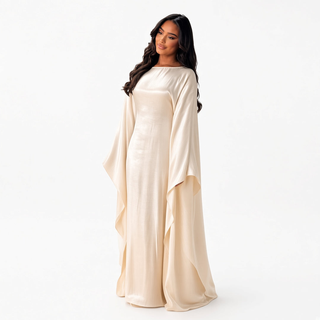 Apricot shimmer batwing maxi dress, front view
