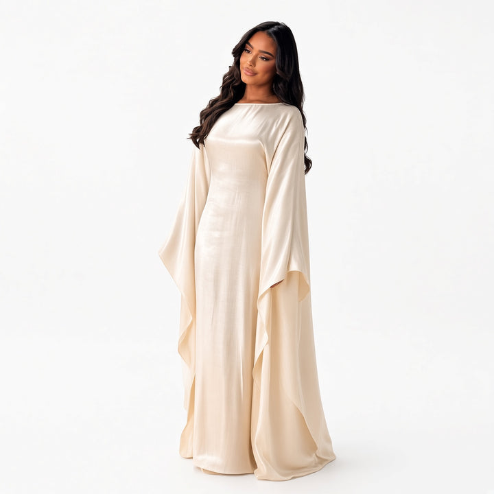 Apricot shimmer batwing maxi dress, front view