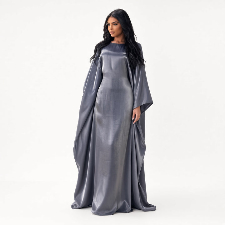 Gray shimmer batwing maxi dress, front view