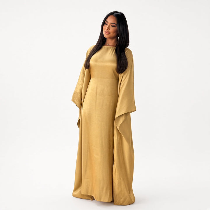 Yellow shimmer batwing maxi dress, front view