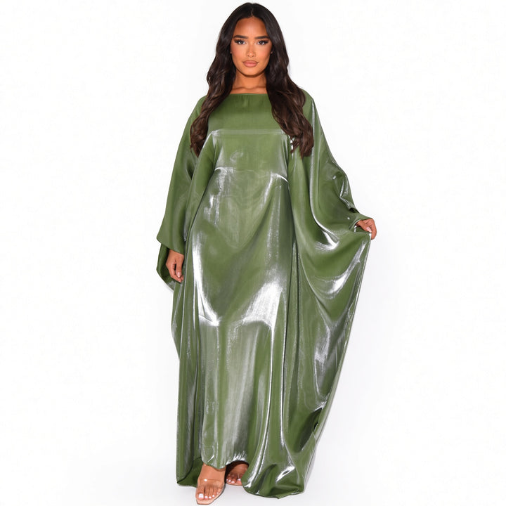 Army Green shimmer batwing maxi dress, front view