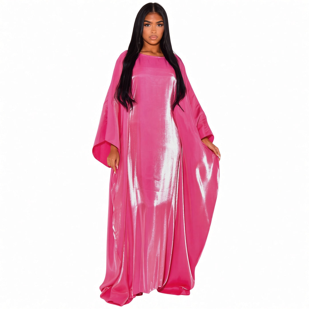 Hot Pink shimmer batwing maxi dress, front view