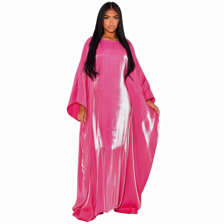 Hot Pink shimmer batwing maxi dress, front view