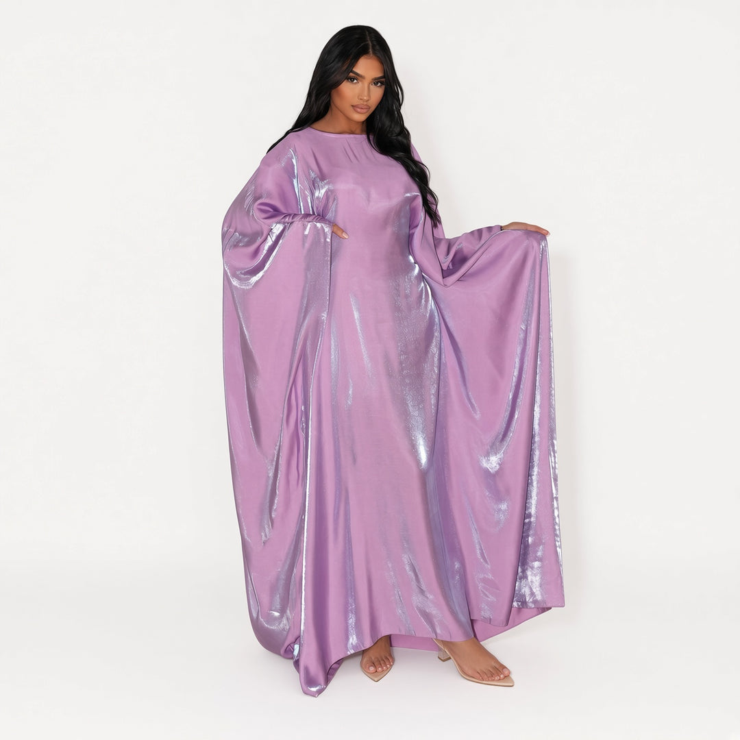Purple shimmer batwing maxi dress, front view