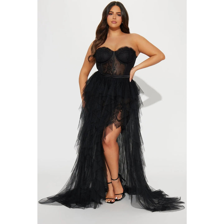 Black layered lace train maxi dress, front view