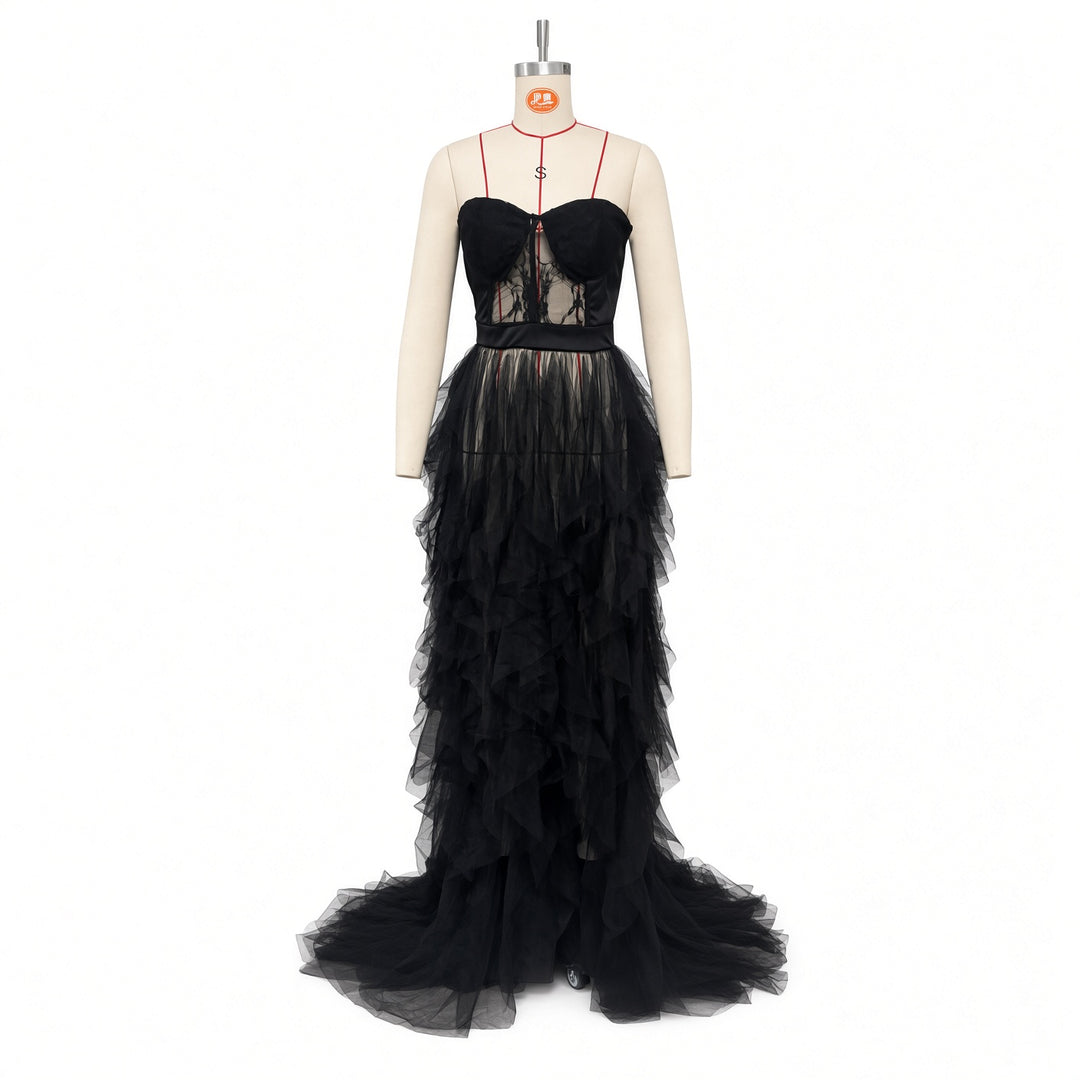 Black layered lace train maxi dress shown on a dress form