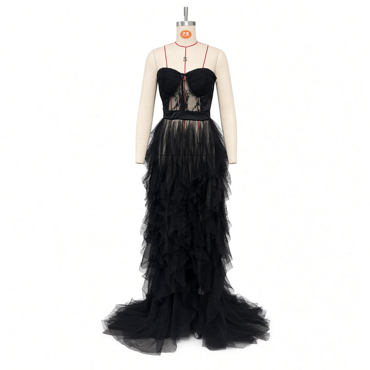 Black layered lace train maxi dress shown on a dress form