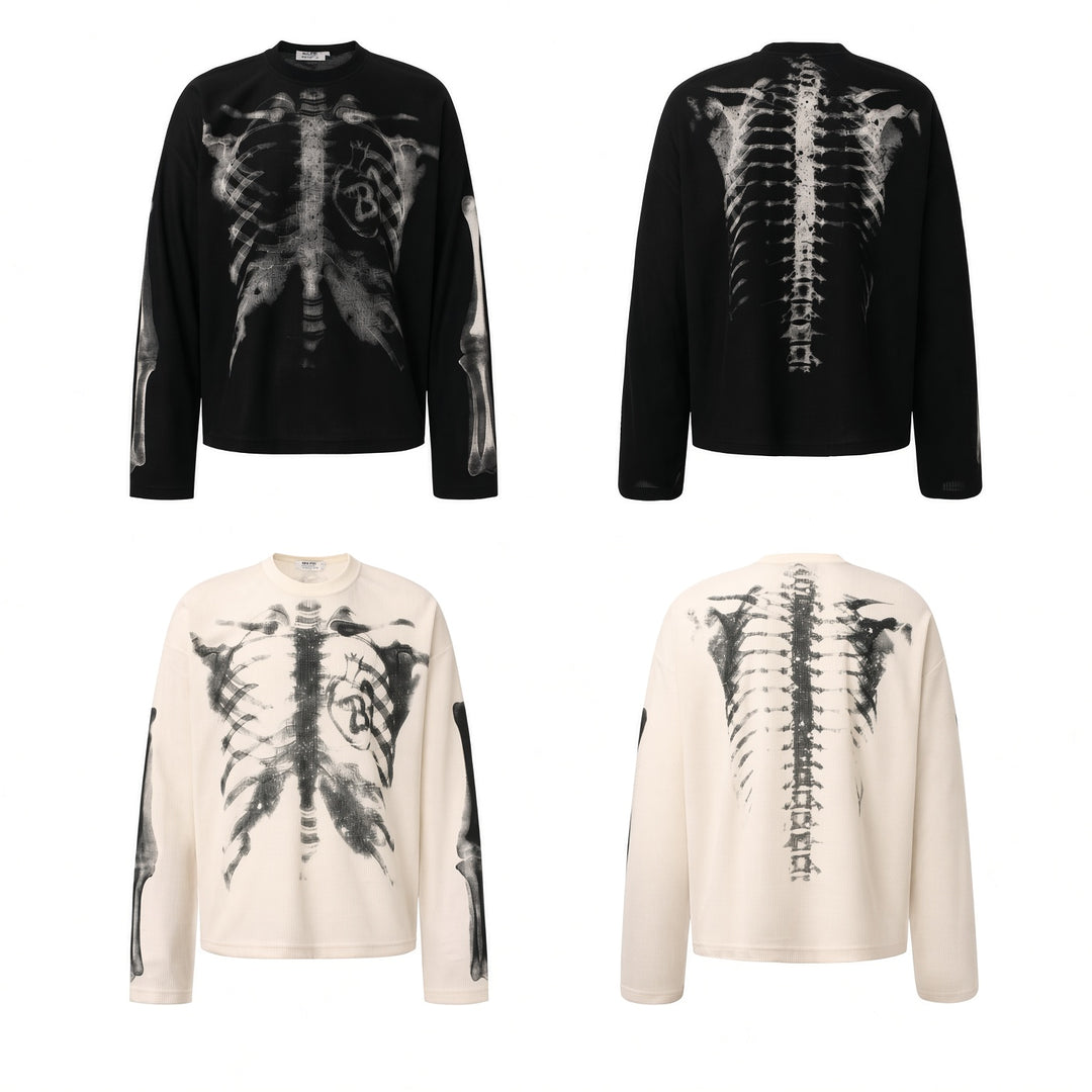 Black and White skeleton graphic sweaters shown from the front and back
