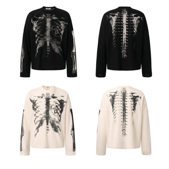 Black and White skeleton graphic sweaters shown from the front and back