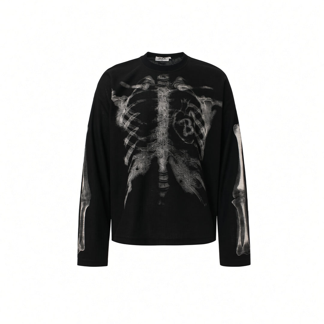 Black skeleton graphic knit sweater, isolated front view