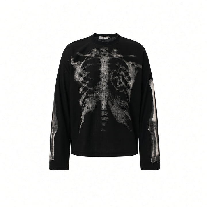 Black skeleton graphic knit sweater, isolated front view