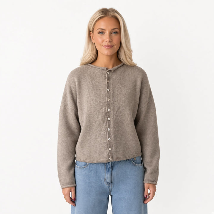 Light Coffee rolled-edge knit cardigan, front view