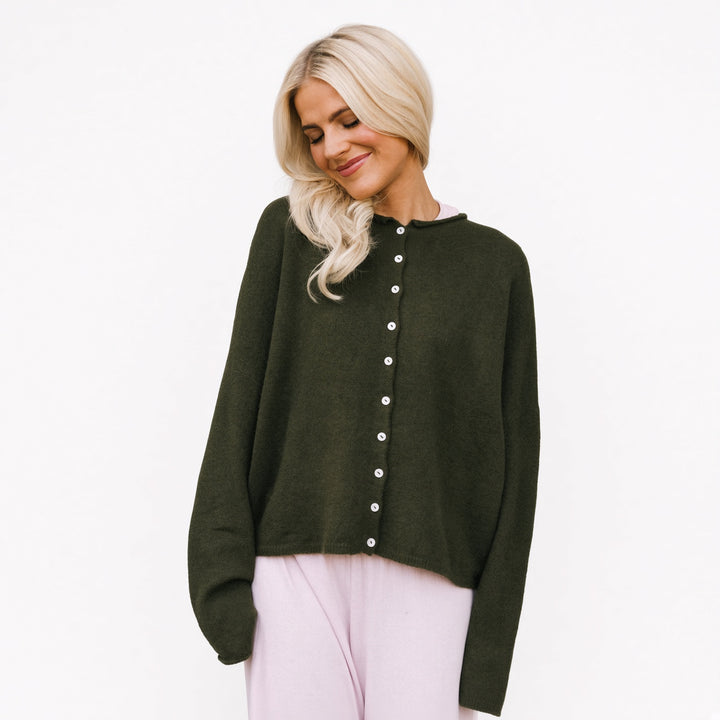 Army Green rolled-edge knit cardigan, front view