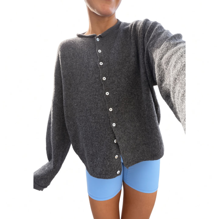 Dark Gray rolled-edge knit cardigan, front view