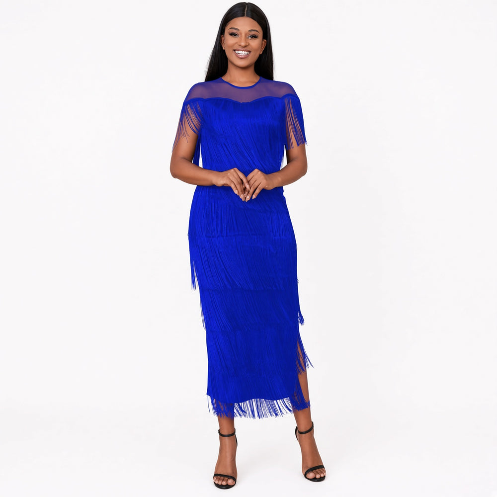 Blue mesh-shoulder tiered fringe maxi dress, front view