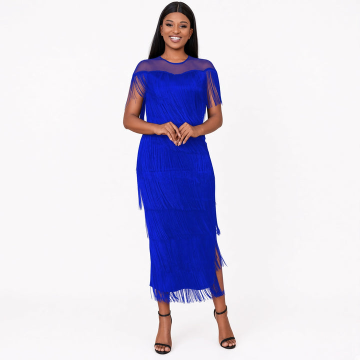 Blue mesh-shoulder tiered fringe maxi dress, front view