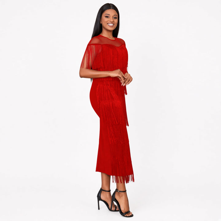 Red mesh-shoulder tiered fringe maxi dress, front view
