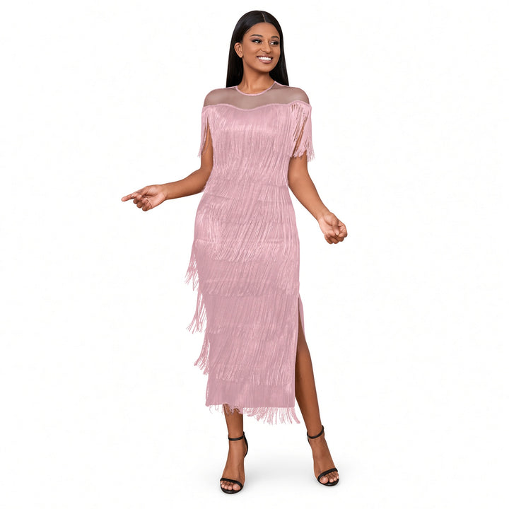Pink mesh-shoulder tiered fringe maxi dress, front view
