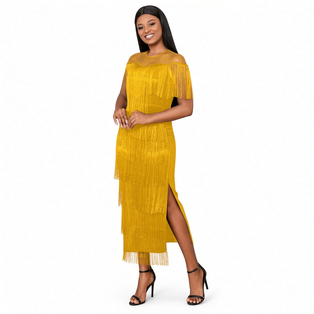 Yellow mesh-shoulder tiered fringe maxi dress, front view