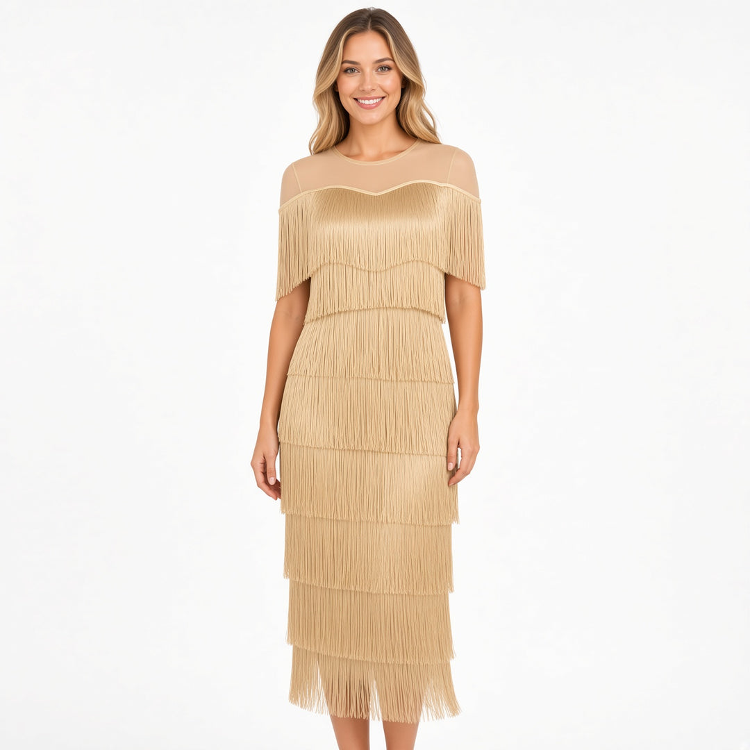 Khaki mesh-shoulder tiered fringe maxi dress, front view