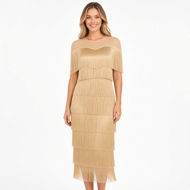 Khaki mesh-shoulder tiered fringe maxi dress, front view
