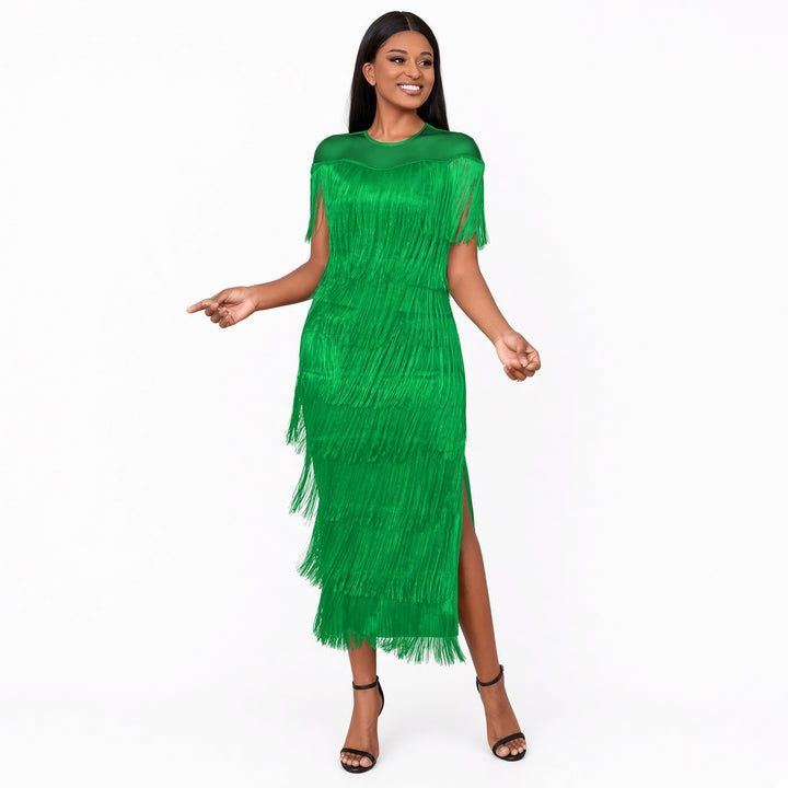 Green mesh-shoulder tiered fringe maxi dress, front view