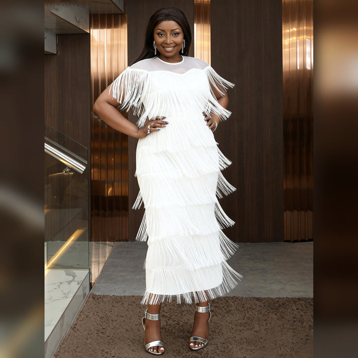 White mesh-shoulder tiered fringe maxi dress, front view