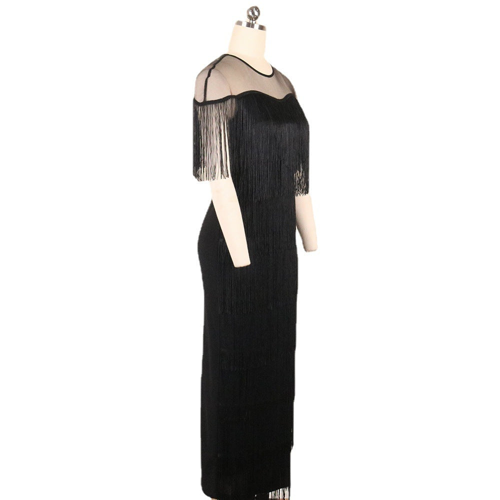 Black tiered fringe maxi dress, alternate front view