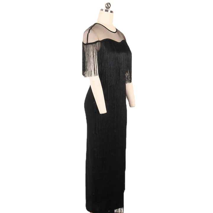 Black tiered fringe maxi dress, alternate front view