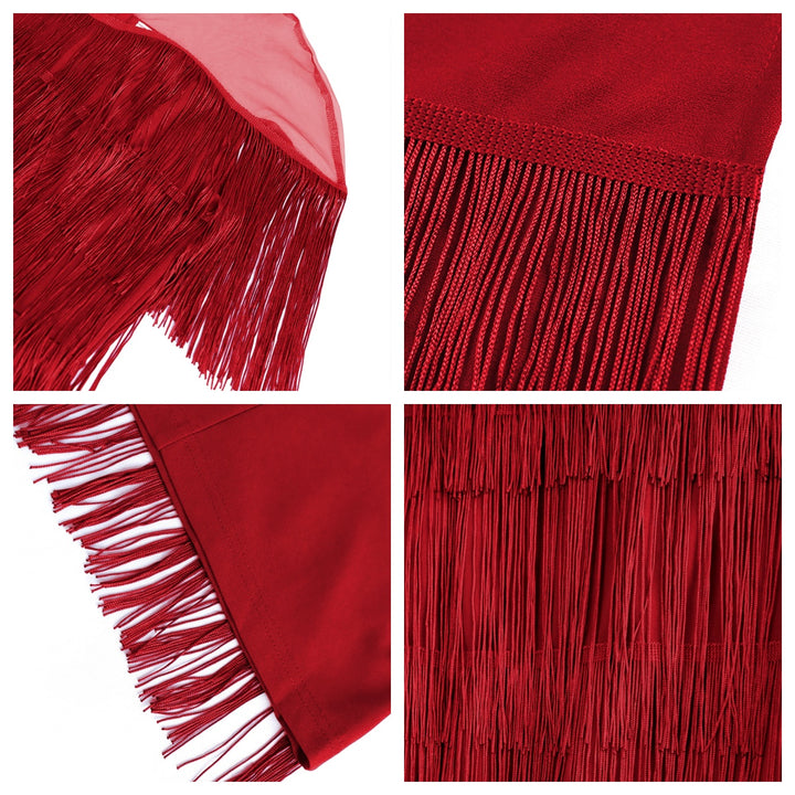 Close views of the Red dress mesh yoke, layered fringe, and finishing