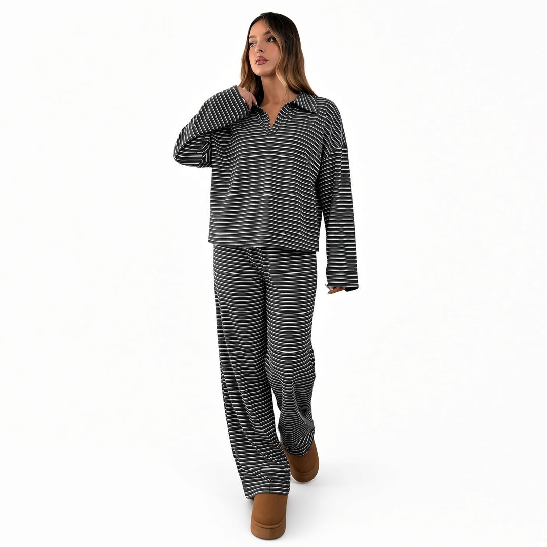 Black striped velour V-neck lounge set, front view