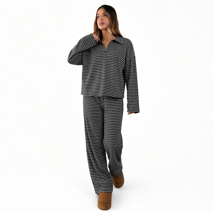 Black striped velour V-neck lounge set, front view