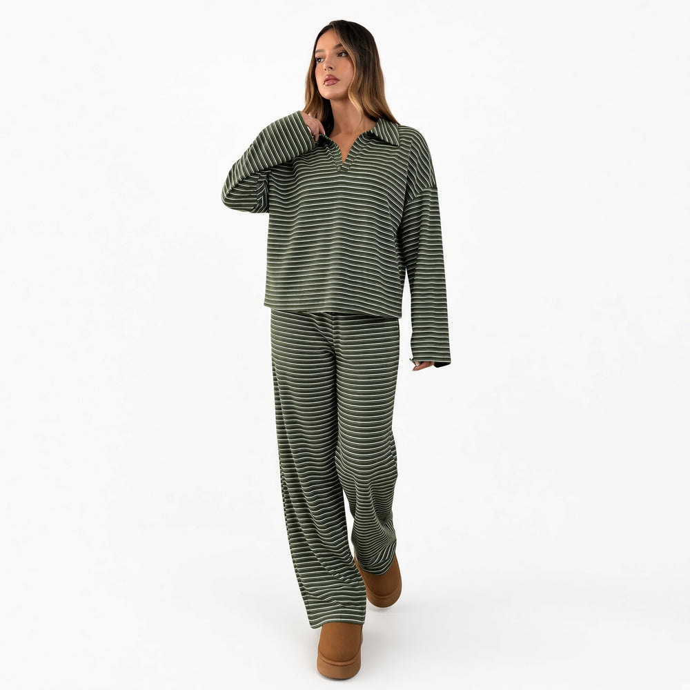 Green striped velour V-neck lounge set, front view