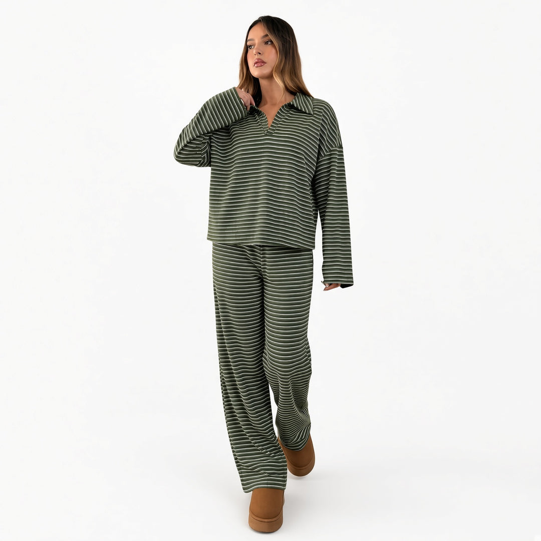 Green striped velour V-neck lounge set, front view