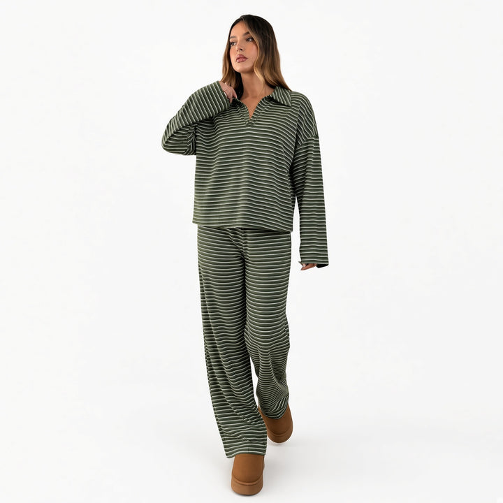 Green striped velour V-neck lounge set, front view