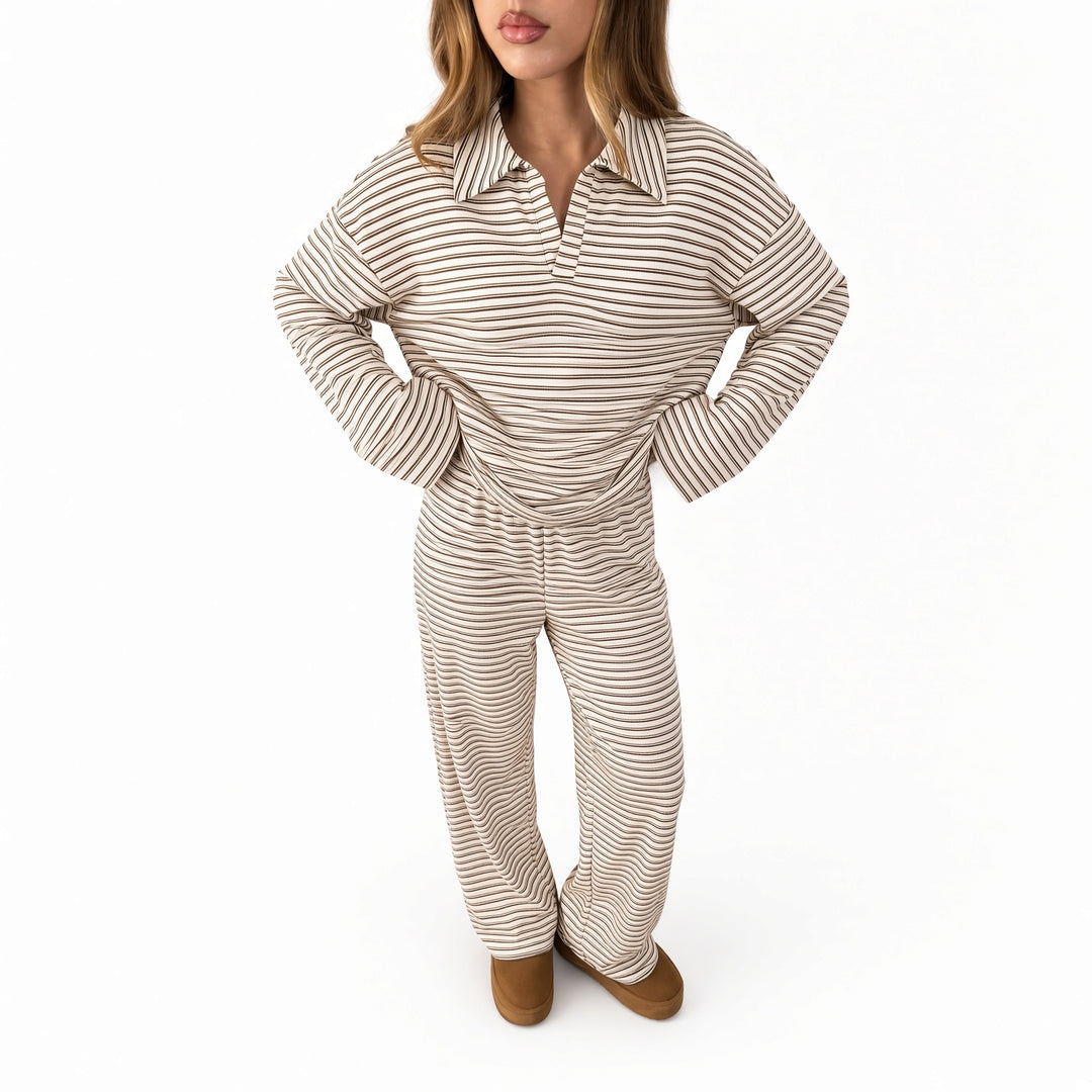 Apricot striped velour lounge set, alternate front view