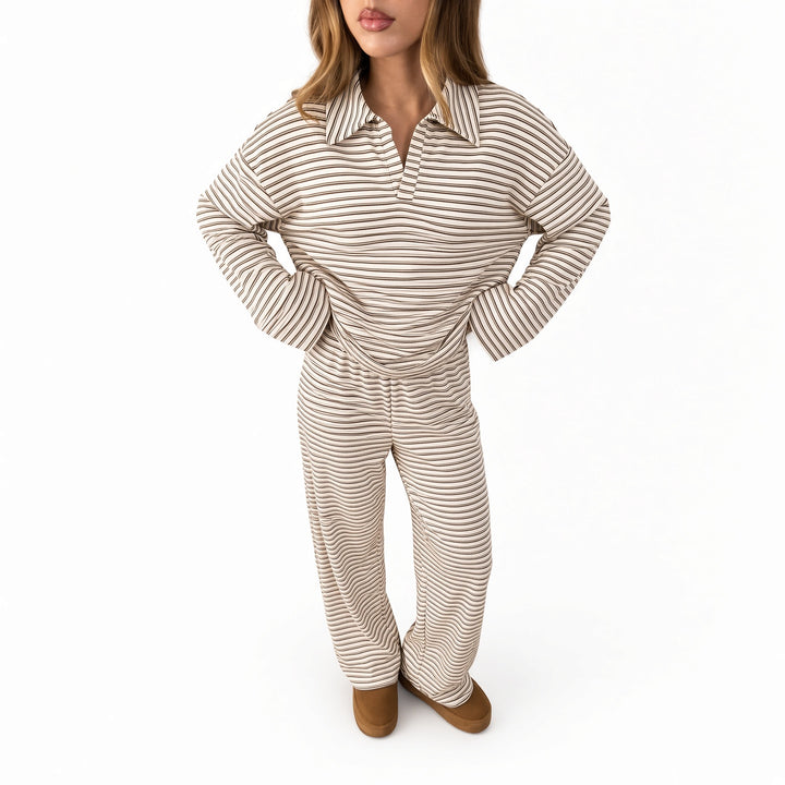 Apricot striped velour lounge set, alternate front view