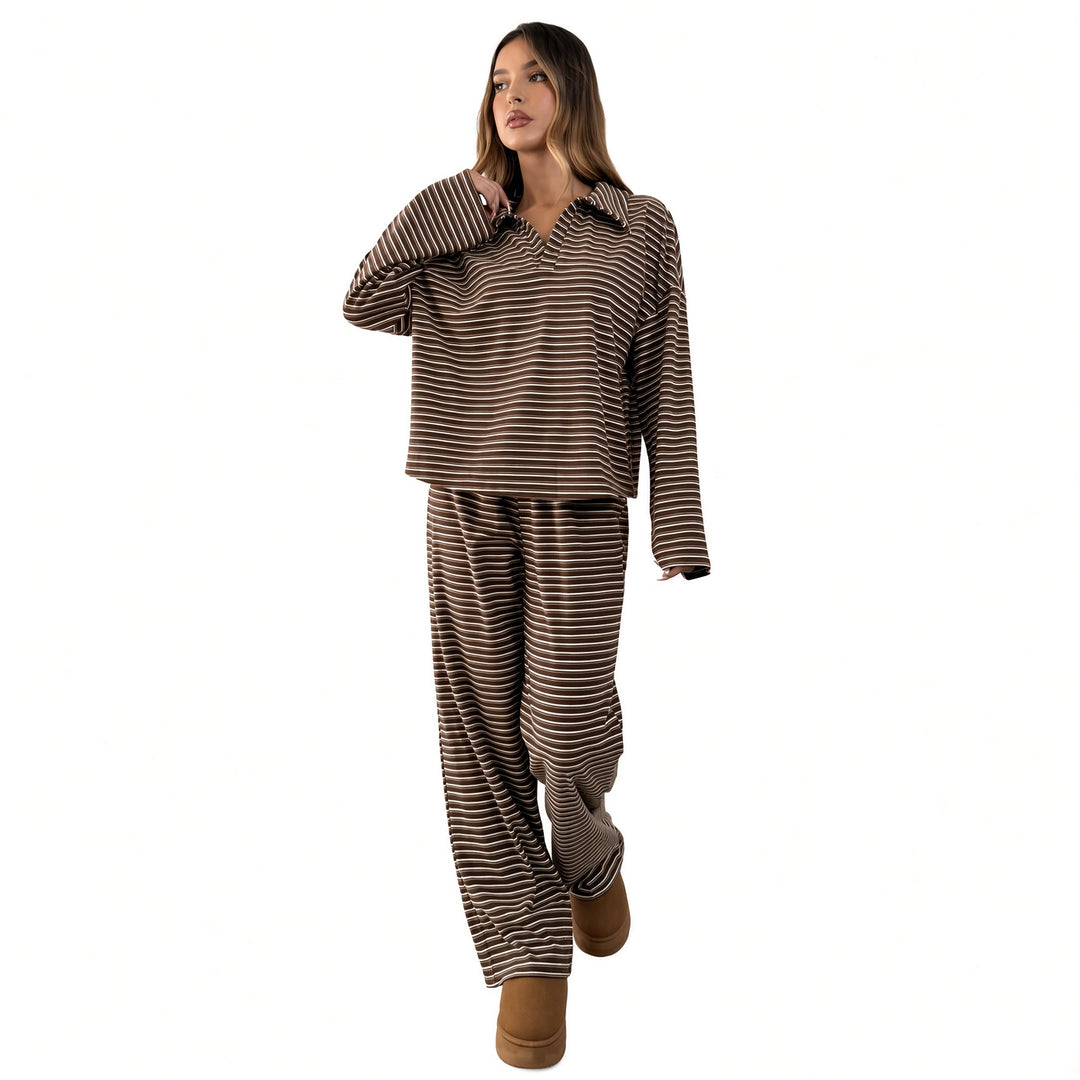 Brown striped velour V-neck lounge set, front view