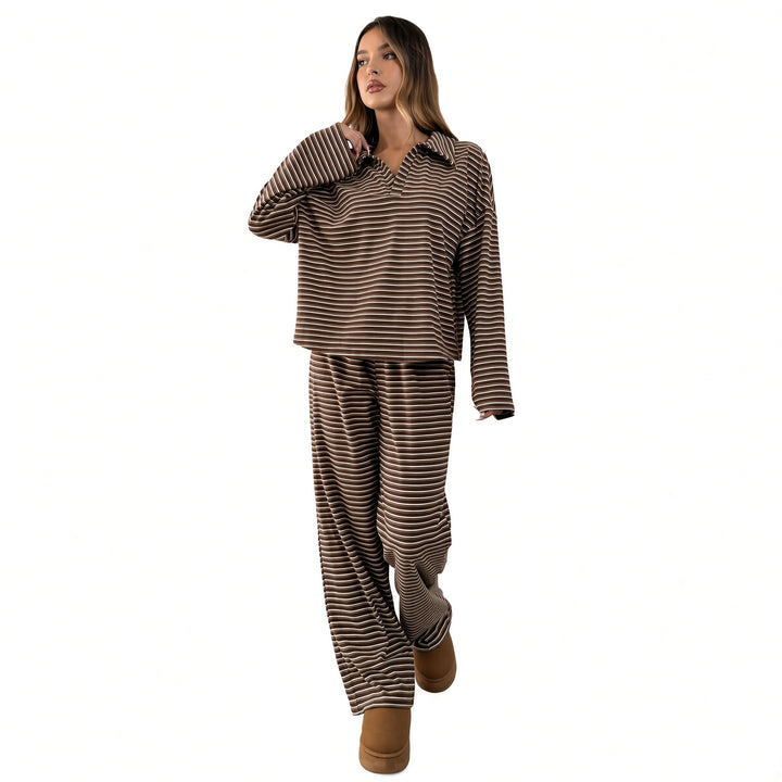 Brown striped velour V-neck lounge set, front view