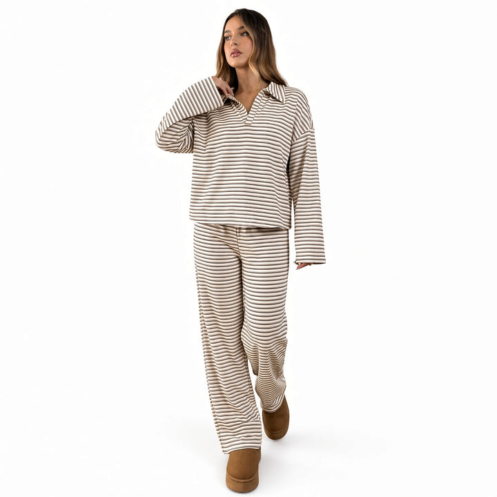 Apricot striped velour V-neck lounge set, front view