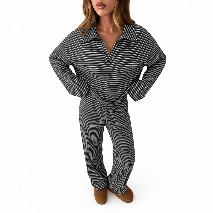 Black striped velour lounge set, alternate front view