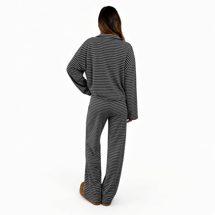 Black striped velour lounge set, back view