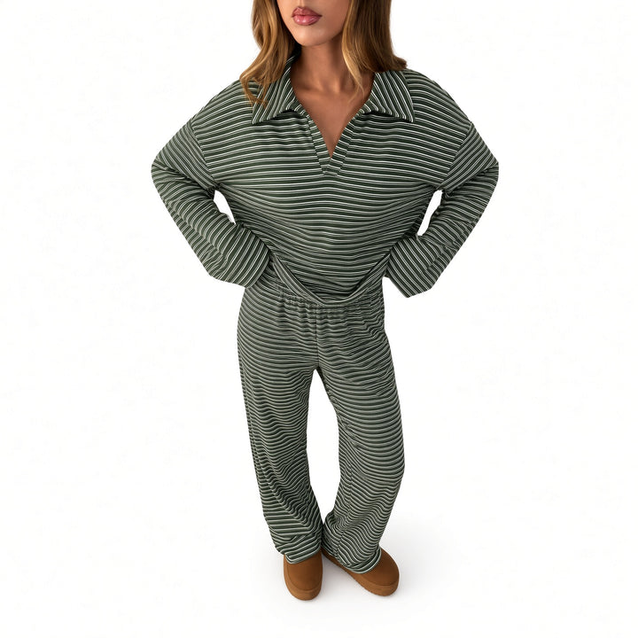Green striped velour lounge set, alternate front view