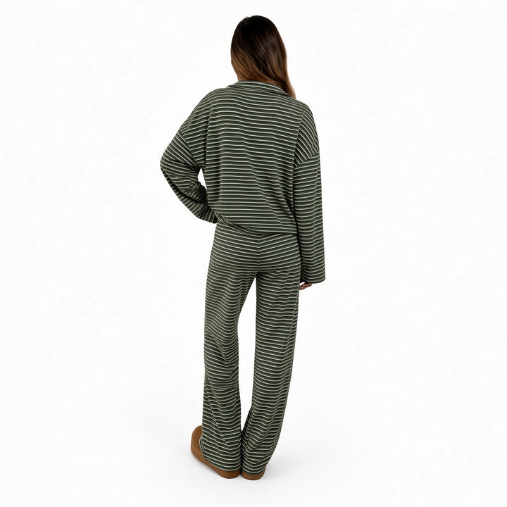 Green striped velour lounge set, back view