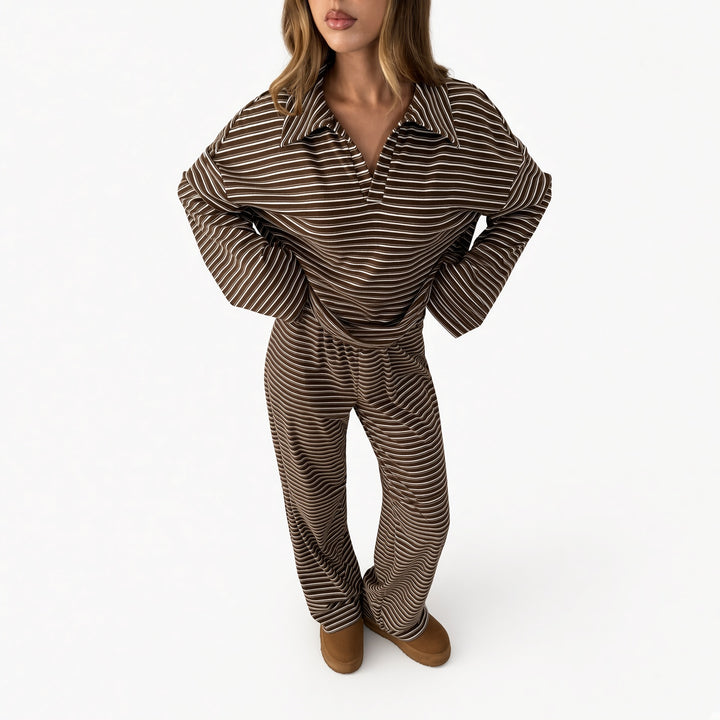 Brown striped velour lounge set, alternate front view