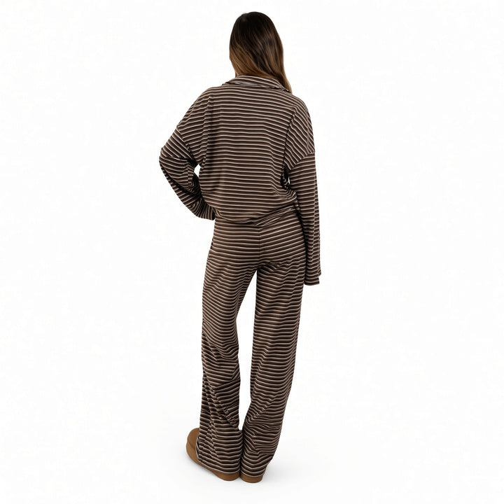 Brown striped velour lounge set, back view