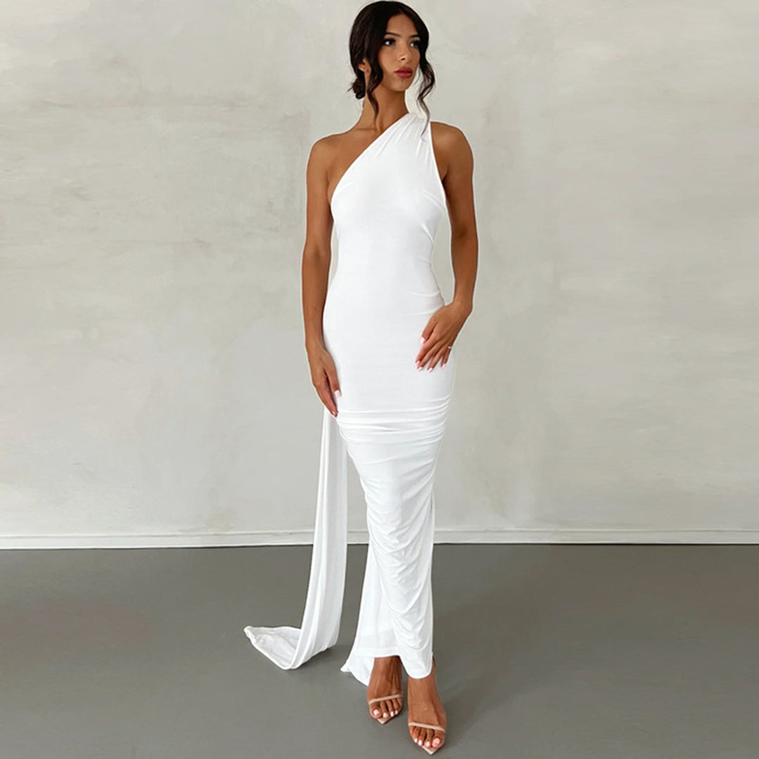 White open-back sash maxi dress, front view