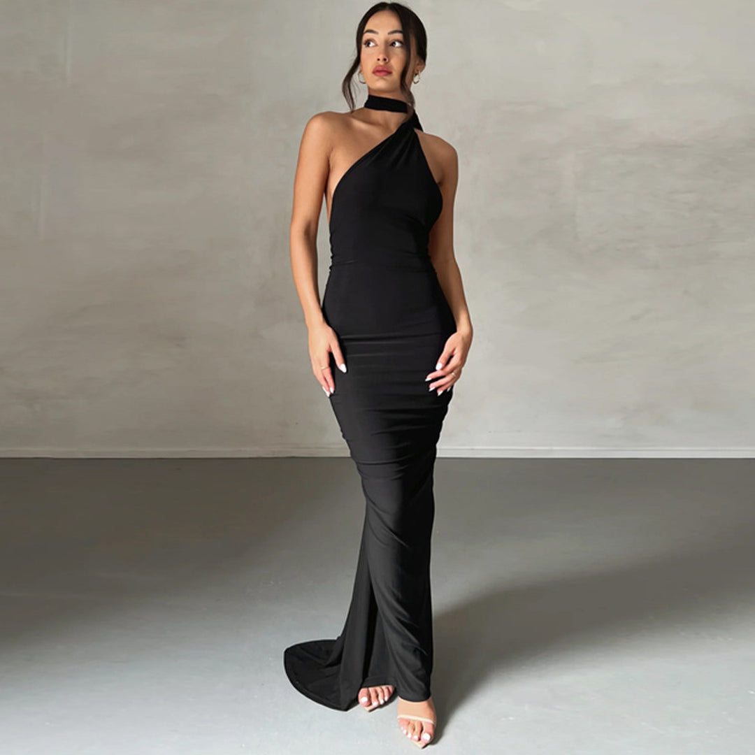 Black open-back sash maxi dress, front view