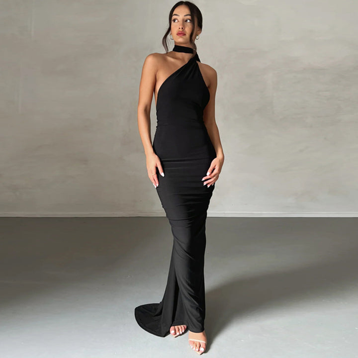 Black open-back sash maxi dress, front view
