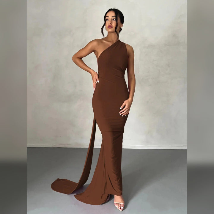 Brown open-back sash maxi dress, front view